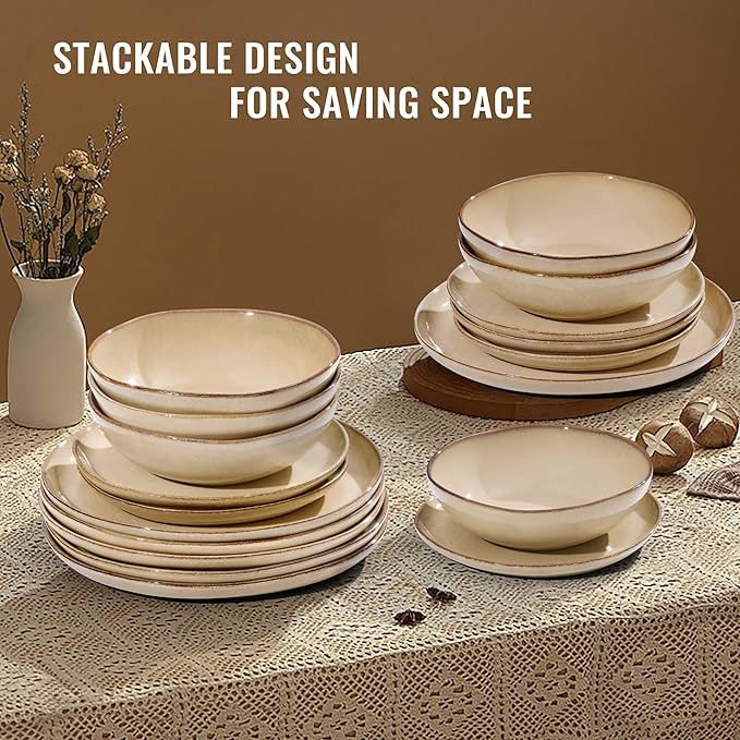 Herogo Stoneware Dinnerware Sets for 6, 18pcs Irregular Handmade Dinner Dish Set, Plates and Bowls Dishware for Kitchen Dining, Microwave & Dishwasher Safe, Cream Khaki