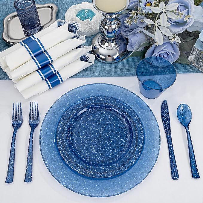 DaYammi 210PCS Cobalt Blue Glitter Plastic Dinnerware Set for 30 Guests, Fancy Disposable Plates for Party, Include: 30 Dinner Plates, 30 Dessert Plates, 30 Pre Rolled Napkins with Silverware, 30 Cups