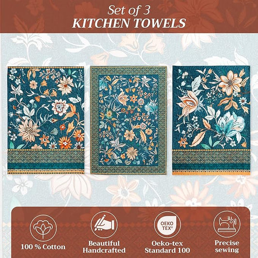 Maison d' Hermine Kitchen Towels Set of 3 100% Cotton 20" x 27.5" Reusable Cloth Tea Dish Towels Absorbent with Hanging Loop for Kitchen Thanksgiving Christmas Decorations (Luxury Loft - Dark Teal)