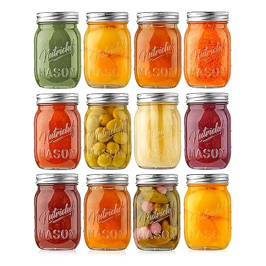 NutriChef 12-Pack 16 oz Mason Jars with Lids - Thick Glass Canning Jars with Stainless Steel Lids - Ideal for DIY Spices, Meal Prep, Overnight Oats, Jelly, Jam, Honey, Candles, Crafts, & More