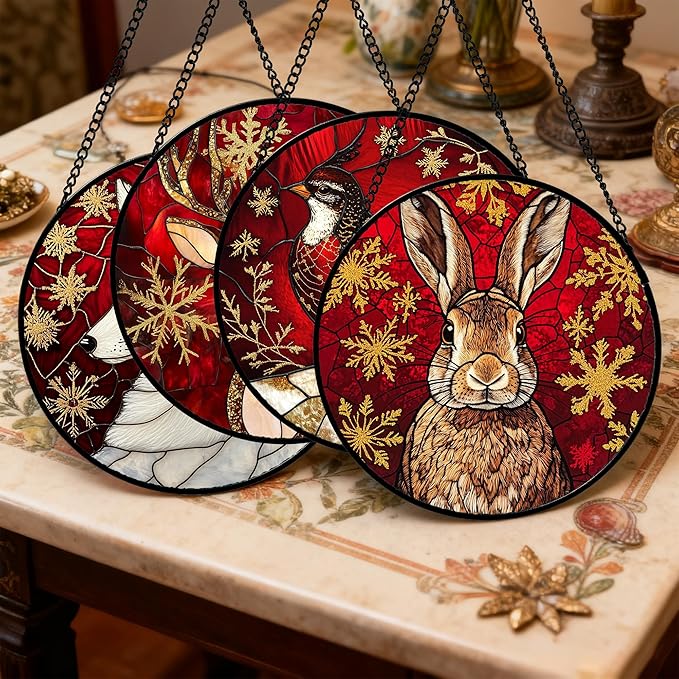 Stained Glass Window Hanging 4 Pcs Set Red Golden Snowflakes Large 15" - Christmas Elk Rabbit Suncatcher Door Garden Sun Catcher Decor Birthday for Mom Woman Nana Men