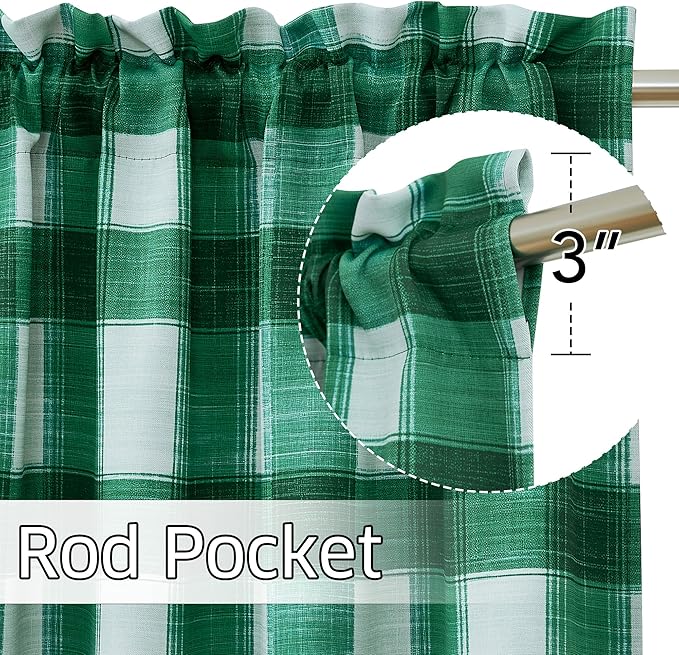 NICETOWN Christmas Kitchen Plaid Curtains Valances for Window, 18 Inch Cafe Curtains Farmhouse Small Window Valances for Home Decor, Rod Pocket, 2 Panels, Green & White, 52" W x 18" L