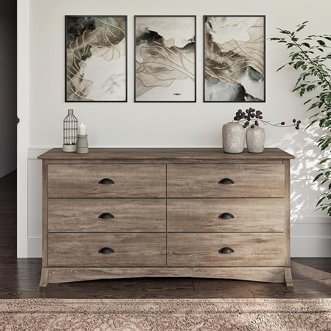 Prepac Sonoma 6-Drawer Double Dresser for Bedroom, Wide Chest of Drawers, Traditional Bedroom Furniture, 59" wide x 17.5" deep x 29" tall, Drifted Gray