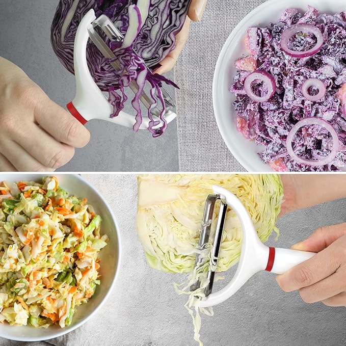 2PCS Cabbage Shredder Slicer Peeler for Coleslaw, Cabbage Cutter Grater Shredder for Sauerkraut, Large Y Peeler Wide Blade Vegetable Peeler, White with Red