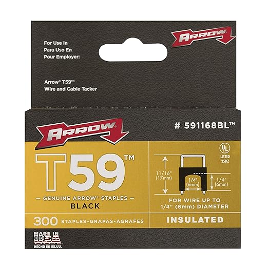 Arrow 591168 Genuine T59 Steel 1/4-Inch by 1/4 Crown Width Insulated Staples for Cable and Wiring, Black, 300 Count