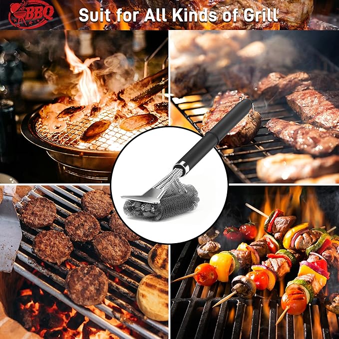 TNTOR Grill Brush with Scraper, 18" Adjustable Handle BBQ Grill Brush for Outdoor Grill, Extra Strong Grill Cleaner Accessories for Grill/Smoker/Gas/Charcoal Grill Cleaning-Gifts for Grill Wizard/Dad