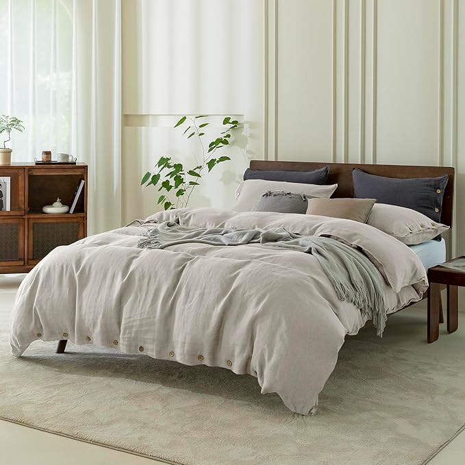 EVERLY 100% Pure Linen Duvet Cover Set Oversized King120X98Inch 3pcs (1 Duvet Cover,2 Pillowcases) Soft and Breathable for All Season with Coconut Button Closure, Suitable for Hot Sleepers-Linen