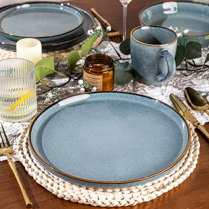 GBHOME 24 Pieces Double Bowls Ceramic Dinnerware Sets for 6, Stoneware Plates and Bowls Set with Reactive Glaze, Scratch Resistant Stoneware Dishes Set, Dishwasher & Microwave Safe