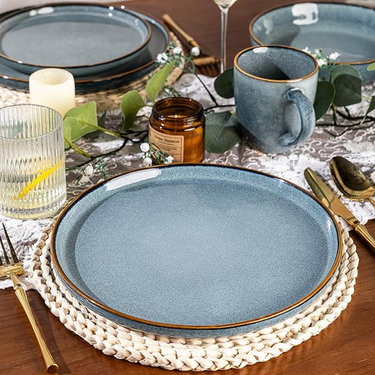 GBHOME 24 Pieces Double Bowls Ceramic Dinnerware Sets for 6, Stoneware Plates and Bowls Set with Reactive Glaze, Scratch Resistant Stoneware Dishes Set, Dishwasher & Microwave Safe