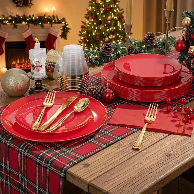 NOCCUR 350PCS Red Plastic Plates - Disposable Red Gold Dinnerware Set for 50 Guests, 100 Dinner/Dessert Plates, 150 Gold Silverware, 50 Cups&50 Napkins for Party/Wedding/Birthday/Christmas