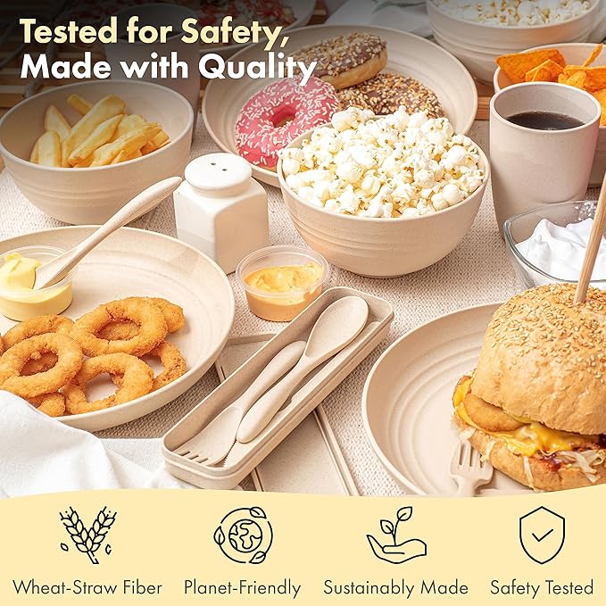 FOODLE Wheat Straw Dinnerware Set - BPA Free & Safety Tested - Unbreakable, Microwave & Dishwasher Safe Dishes - Picnic, RV, Dorm, Camping Plates Cups and Bowls - Great for Kids & Adults - For 4