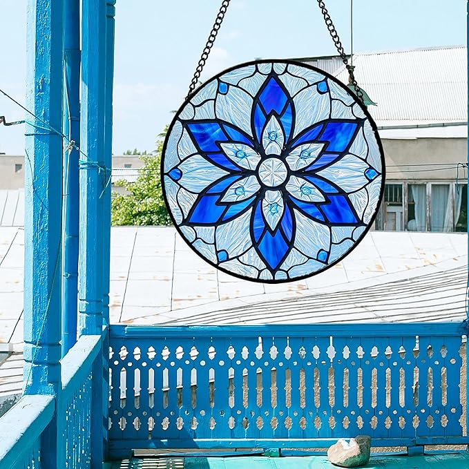Stained Glass Window Hanging, Blue Tiffany Style Flowers Sun Catcher for Window Door Home Decor Suncatcher Christmas Mother's Day Birthday Gifts for Women Men Mom and Nana 15 in