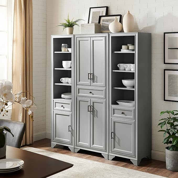 Crosley Furniture Tara 3-Piece Pantry Storage Cabinet Set with Shelves, Kitchen, Dining, or Laundry Room, Distressed Gray