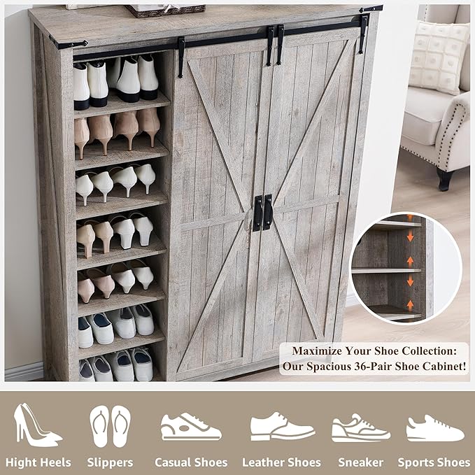 OKD Storage Cabinet with 2 Sliding Door, 7-Tier 62" Tall Farmhouse Entryway Shoe Cabinet, Freestanding Rustic Hidden Shoe Organizer for Entryway, Light Rustic Oak