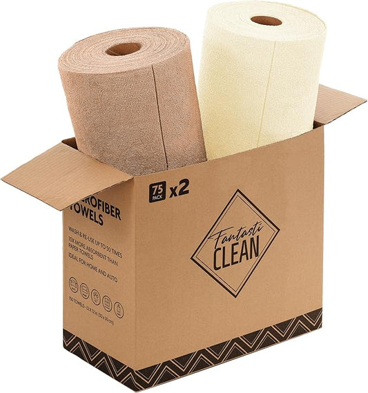 Fantasticlean Microfiber Cleaning Cloth Roll -150 Pack, Tear Away Microfiber Towels, 12" x 12", Reusable, Washable, Ultra Absorbent Dishcloth for Home Supplies, Car, Pet, Kitchen (Tan & Beige)