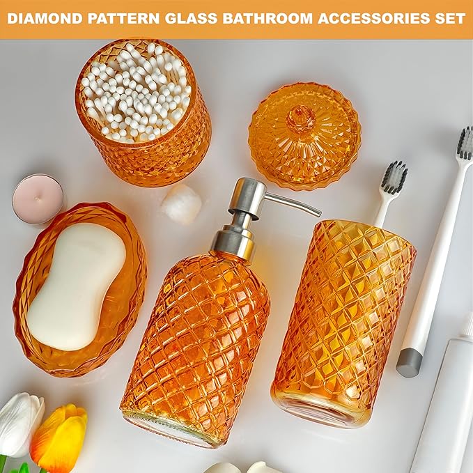 Orange Bathroom Accessorires Set, 4Pcs Clear Glass Bathroom Accessories, Burnt Orange Lotion Soap Dispenser, Toothbrush Holder Set, Soap Dish, Qtips Holder for Modern Vibrant Bathroom Decor