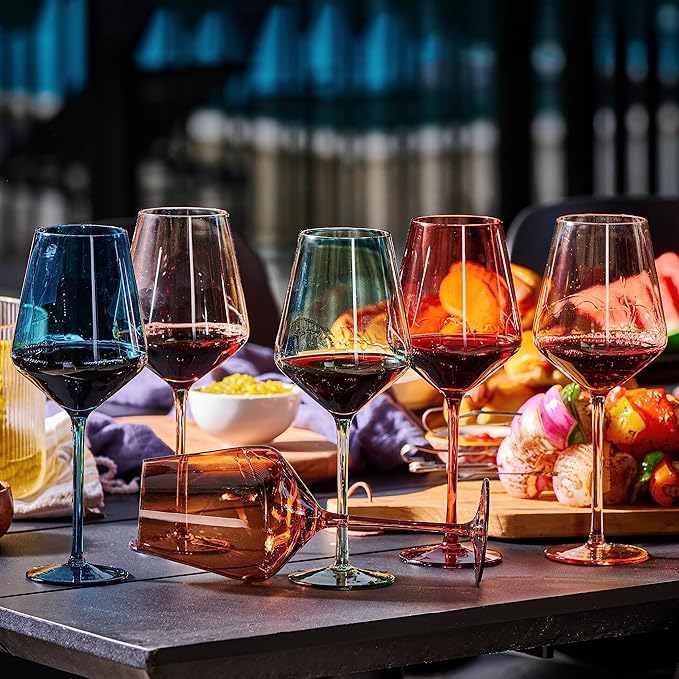 Colored Cordial Glasses Set of 6, 18oz Crystal Unique Fall Drinking Wine Glass Cups with Stem - Luxury Multi Color Glassware Gift Set for Wife & Mom - Colorful Hand Blown Drinkware for Red White Wine.