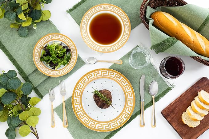 Porcelain Dinnerware Set for 1 - White with Gold 4 Piece Set Vintage Greek Key Design - Elegant Dinner Plates, Soup Plates and Mugs - Dining Kitchenware for Home, Formal Occasions and Everyday Dishes