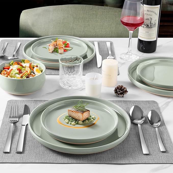 LIANYU Plates and Bowls Sets for 8, 24 Piece China Dinnerware Stoneware Set, Porcelain Dishware for Microwave, Dishwasher, Oven, High temperature Resistant, Fog Green
