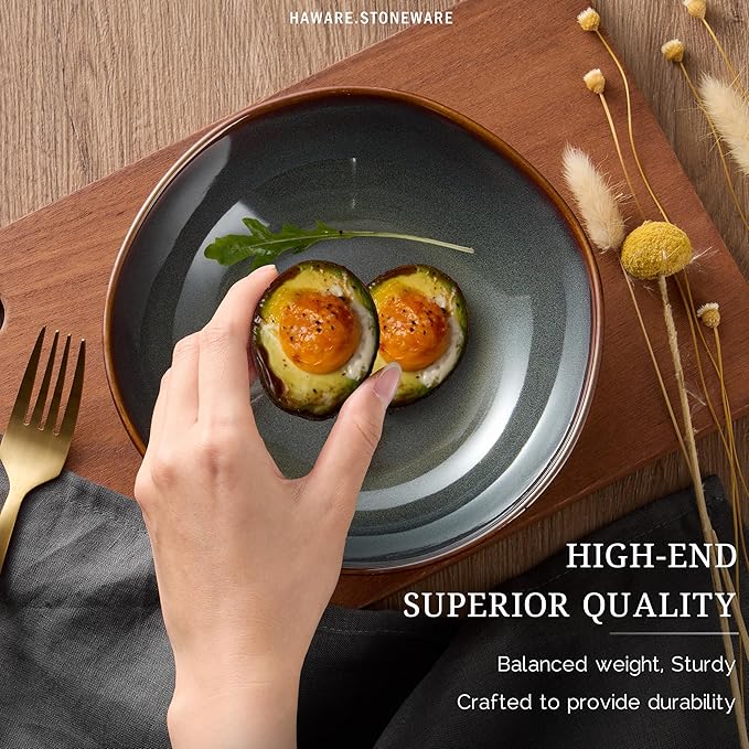 HaWare Plates and Bowls Set, Stoneware Dinnerware Sets, 12-Piece Hand-painted Dishware for 4, Ceramic Dinner Set for Home Kitchen, Scratch Resistant, Microwave and Dishwasher Safe, Reactive Moss Green