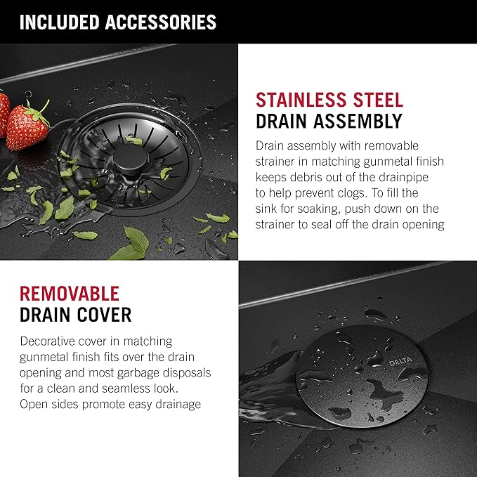 DELTA FAUCET Delta Rivet 32 Inch Black Stainless Steel Undermount 16 Gauge Workstation Kitchen Sink Single Bowl in PVD Gunmetal Finish with WorkFlow Ledge and Accessories, 95B9031-32S-GS