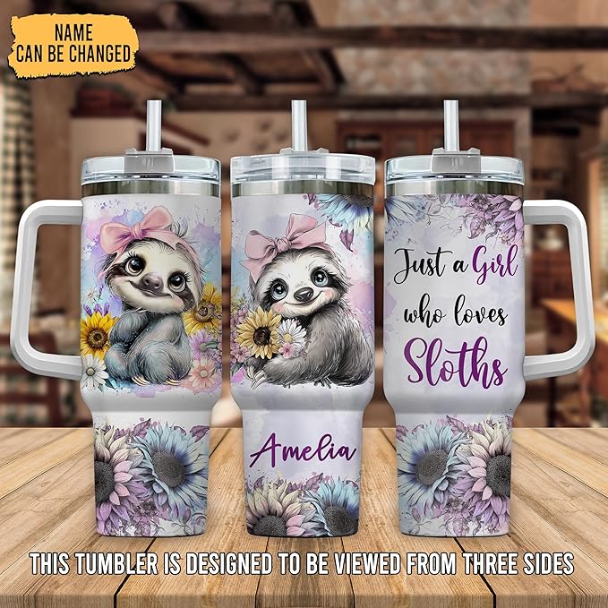 Personalized Sloth 40oz Tumbler with Handle and Straw Gifts for Sloth Lover, Cute Animal Gifts for Women on Birthday Christmas, Animal Lover Cup Gift, Custom Name Stainless Steel Travel Cup