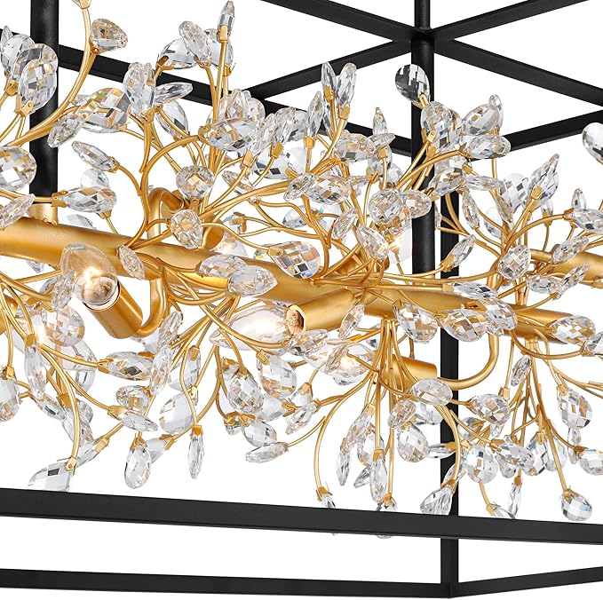 Possini Euro Design Carrine 38 1/2" Modern Semi Flush-Mount Ceiling Light Fixture Kitchen Foyer Hallway Linear Unique 8-Light Satin Black Gold Finish Crystal Metal Bedroom Bathroom Entryway