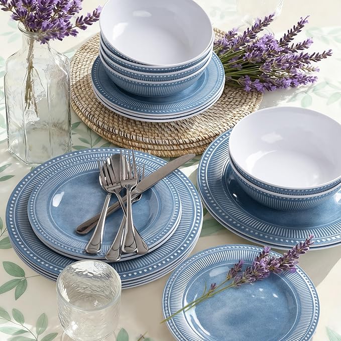 AELS Melamine Dinnerware Set of 18 Pcs, Dinner Dishes Set for Indoor and Outdoor Use, Melamine Plates and Bowls Set for 6, Dishwasher Safe, Lightweight Unbreakable, BPA Free, Soft Blue