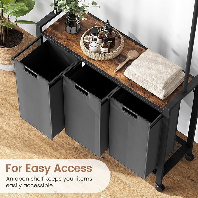 IDEALHOUSE Laundry Sorter, Rolling Laundry Hamper with Hanging Rack, Laundry Hamper 3-Section with Wheels, Hampers for Laundry, Laundry Basket Organizer for Laundry Room, Rustic Brown