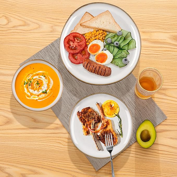 Herogo 18 Piece Stoneware Dinnerware Sets for 6, Plates and Bowls Dinner Dish Set, Irregular Handmade Dinning Ware Dishware for Home Kitchen, Microwave & Dishwasher Safe, Pearl White