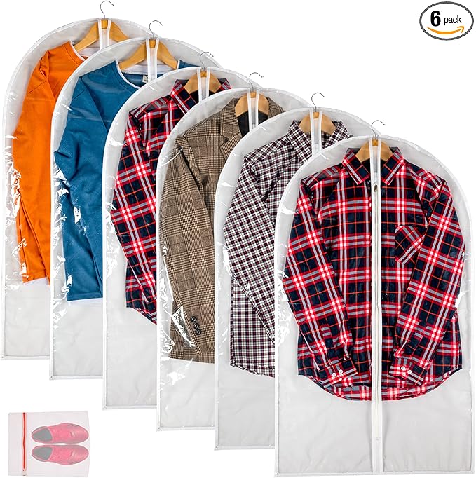 Clear Garment Bag Suit Bags for Closet Storage, Vinyl Garment Bags for Hanging Clothes, Coat Covers for Closet with Zipper and Plastic Garment Bags for Hanging Clothes - 24'' X 40''/6 Pack