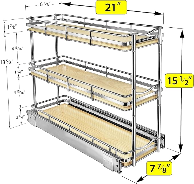 LYNK PROFESSIONAL® Élite™ Pull Out Spice Rack Organizer for Inside Kitchen Cabinets - 6"x21" - Slide Out Drawer – Wood/Chrome Sliding Spice Cabinet Organization Shelf Racks - 3 Tier