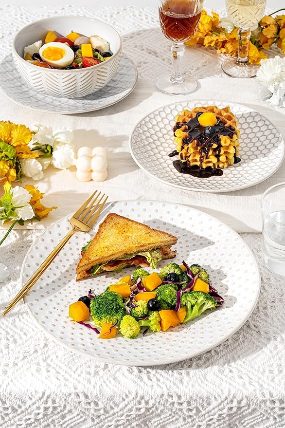18 Piece Embossed Dinnerware Sets for 6, Scratch-Resistant Plates and Bowls Sets, Microwave & Dishwasher Safe, Elegant Stoneware for Family Gatherings – A Gift for Growing Households