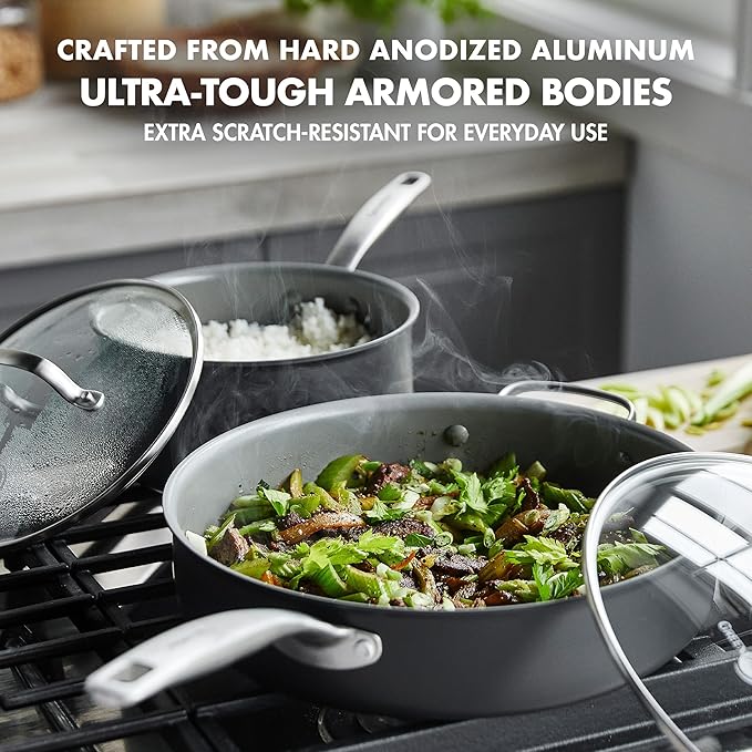 GreenPan Chatham Hard Anodized Healthy Ceramic Nonstick 10 Piece Cookware Pots and Pans Set, Frying Pan Skillets, Saucepans, Saute Pan, Stockpot, Lids, PFAS-Free, Dishwasher & Oven Safe, Gray
