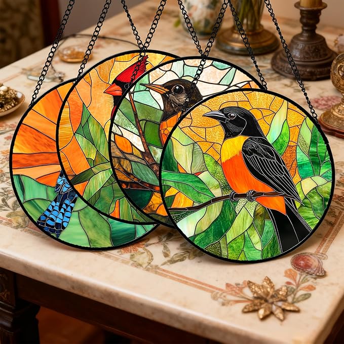 Stained Glass Window Hanging 4 Pcs Set Birds Large 15" - Cardinal Blue Jay Suncatcher Door Garden Sun Catcher Decor Birthday Christmas for Bird Lovers Mom Woman Nana Men