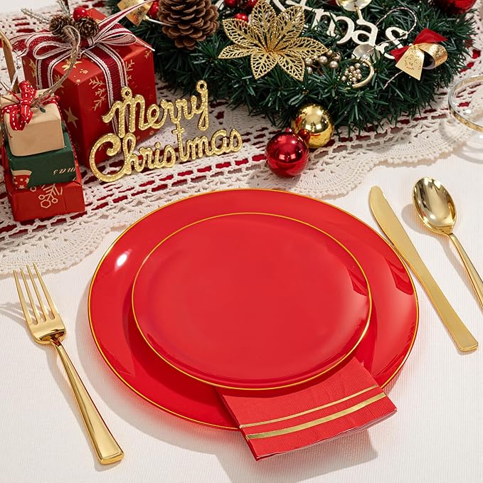 NOCCUR 350PCS Red Plastic Plates - Disposable Red Gold Dinnerware Set for 50 Guests, 100 Dinner/Dessert Plates, 150 Gold Silverware, 50 Cups&50 Napkins for Party/Wedding/Birthday/Christmas