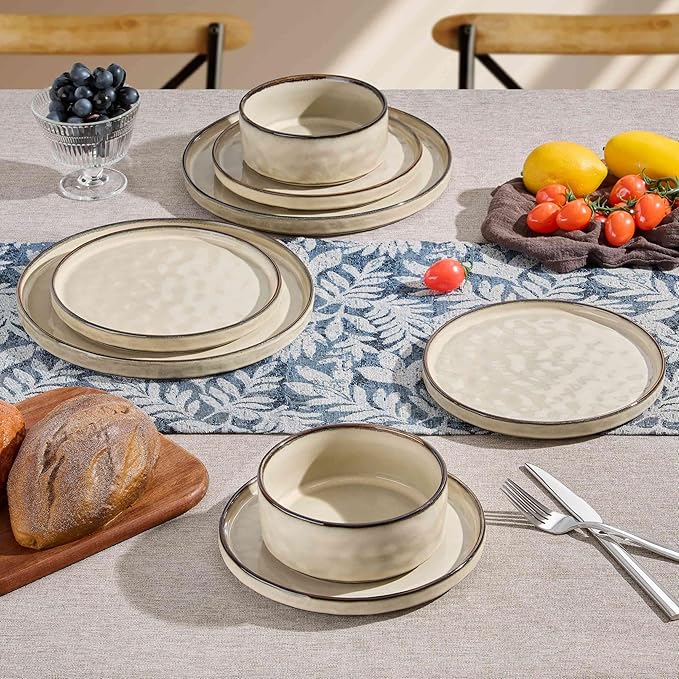 Herogo Plates and Bowls Dinnerware Sets for 8, 24 Pieces Stoneware Dishes Sets, Dishware for Dinner, Salad, Dessert, Dishwasher & Microwave Safe, Cream Khaki