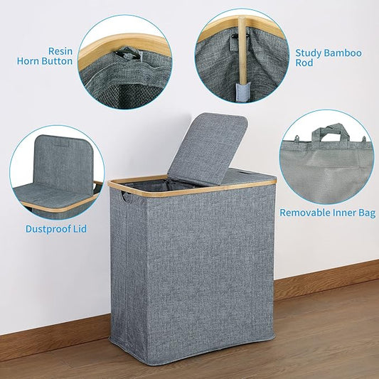 efluky Laundry Hamper with Lid, Double Laundry Hamper with 2 Removable Bags, 2 Section Laundry Basket with Bamboo Handles for Bathroom, Bedroom & Laundry Room, 140L (36.9 Gallon) Blue Grey