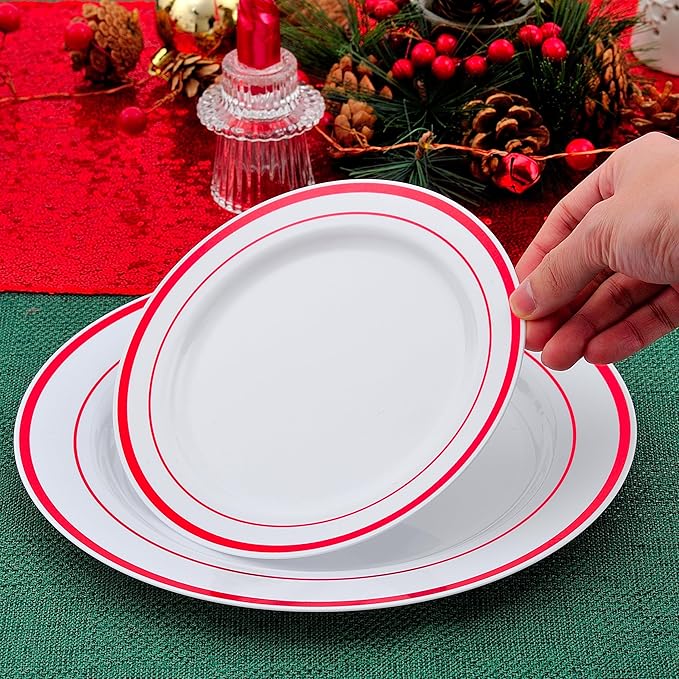 300PCS Christmas Plates Dinnerware, Red Dinnerware Set for 50 Guests, White and Red Christmas Disposable Plates for Party-50 Dinner Platos,Dessert Plates, Silverware Set