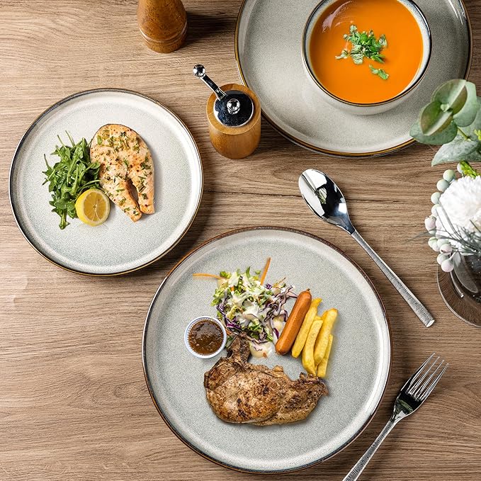 GBHOME 24 Pieces Double Bowls Ceramic Dinnerware Sets for 6, Stoneware Plates and Bowls Set with Reactive Glaze, Scratch Resistant Stoneware Dishes Set, Dishwasher & Microwave Safe