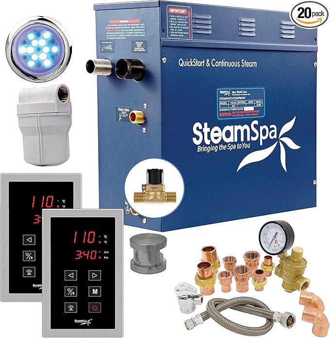 SteamSpa 4.5kW Steam Sauna Generator Executive Bundle 240V Steam Generator with Touch Pad, Steamheads, Pressure Relief Valve, Built-in Auto Drain, LED Light, Filter and Quick Install Kit EXT450BN-A