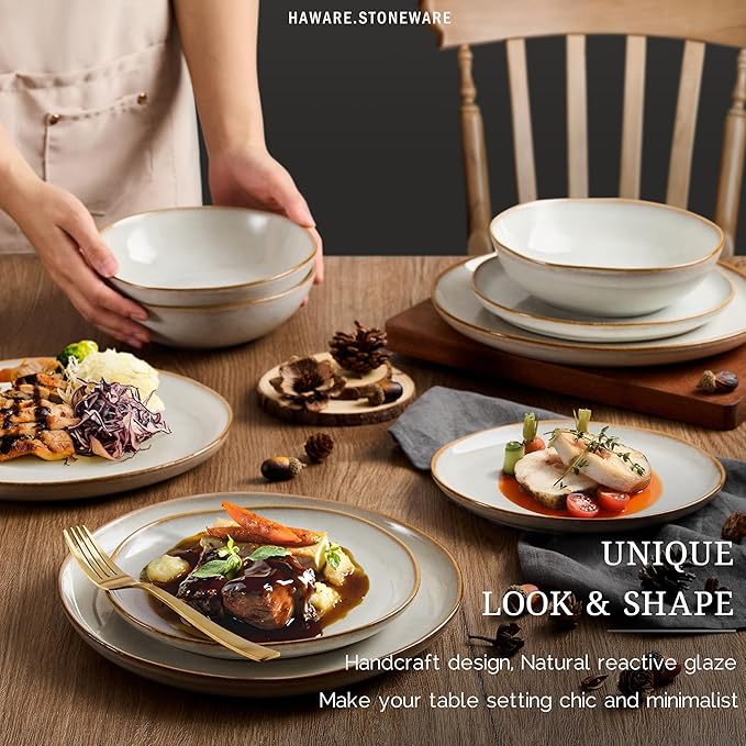 HaWare Plates and Bowls Set, Stoneware Dinnerware Sets, 18-Piece Hand-painted Dishware for 6, Scratch Resistant Ceramic Dinner Set for Home Kitchen, Microwave and Dishwasher Safe, Reactive Pearl White