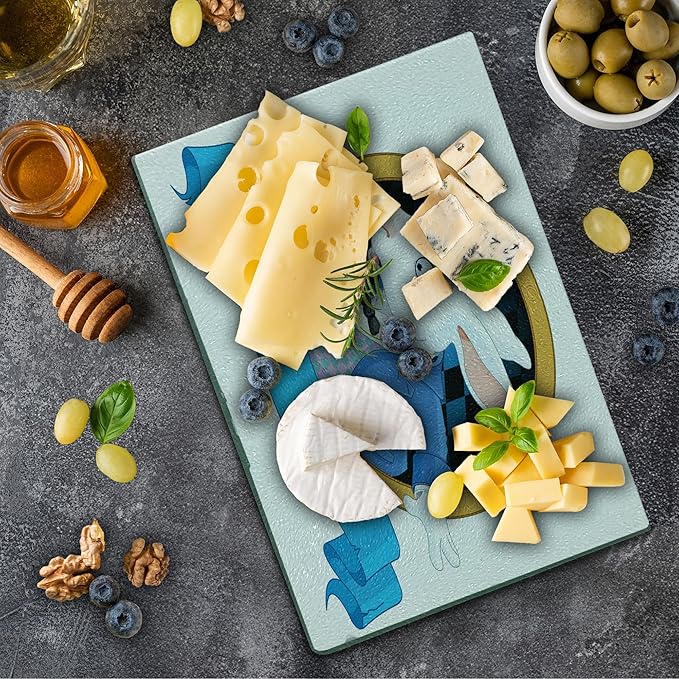 Ambesonne Alice in Wonderland Cutting Board, Rabbit Animal Bunny Character Alice Fantasy World Concept, Decorative Tempered Glass Cutting and Serving Board, Small Size, Earth Yellow White Blue