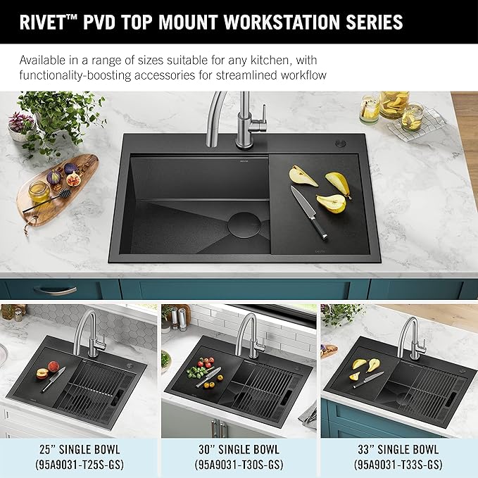 DELTA FAUCET Delta Rivet 30 Inch Black Stainless Steel Drop-In Top Mount 16 Gauge Workstation Kitchen Sink Single Bowl in PVD Gunmetal Finish with WorkFlow Ledge and Accessories, 95A9031-T30S-GS