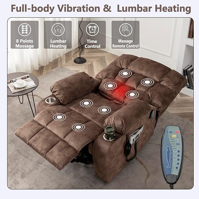 Dual Motor Power Lift Recliner Chair for Big and Tall Elderly Adults Electric Lay Flat Recliner, Stand Up Lift Chairs Recliners with Massage Heat, Cup Holders, Side Pockets, Lumbar Pillow