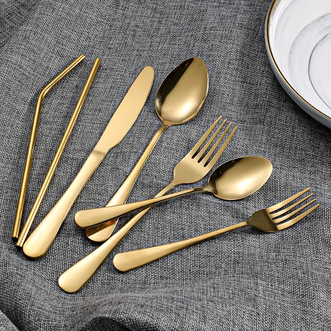 28 Pieces Gold Silverware Service for 4 Flatware Set Stainless Steel Utensils Cutlery Set Dishwasher Safe Flatware (Gold, 28)