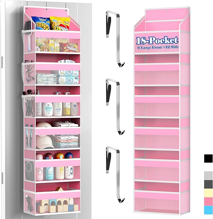 PAULONE 1 Pack Heavy Duty Over the Door Organizer, 6 Large + 12 Mesh Pockets with 79 lbs Capacity, Space-Saving Hanging Storage for Shoes, Toys, Bedroom & Closet-Pink