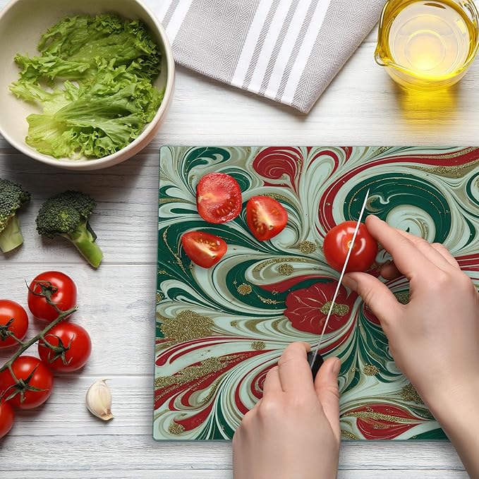 Ambesonne Christmas Cutting Board, Abstract Winter Feel Marble Print Art with Curling Lines Xmas Modern, Decorative Tempered Glass Cutting and Serving Board, Large Size, Dark Pink Green Ivory
