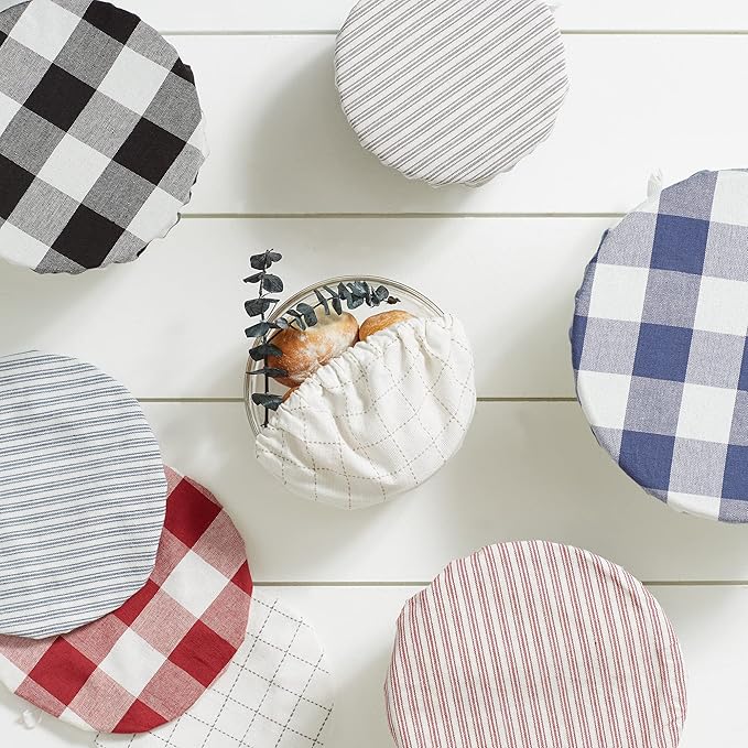 DII Reusable Cloth Bowl Cover Collection Machine Washable, Cotton with Elastic Stretch for Food Storage, 10.25"/8.25"/7.5" Diameter, Farmhouse Plaid, French Blue, 3 Piece