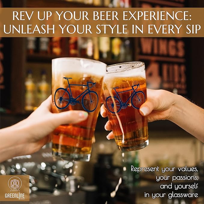 Greenline Goods - Bicycle Beer Glasses (Set of 2) |16 oz Drinkware with Colorful Cyclist Designs | Premium Decorative Glassware | Unique Gifts for Cyclists & Bike Riders [Navy]